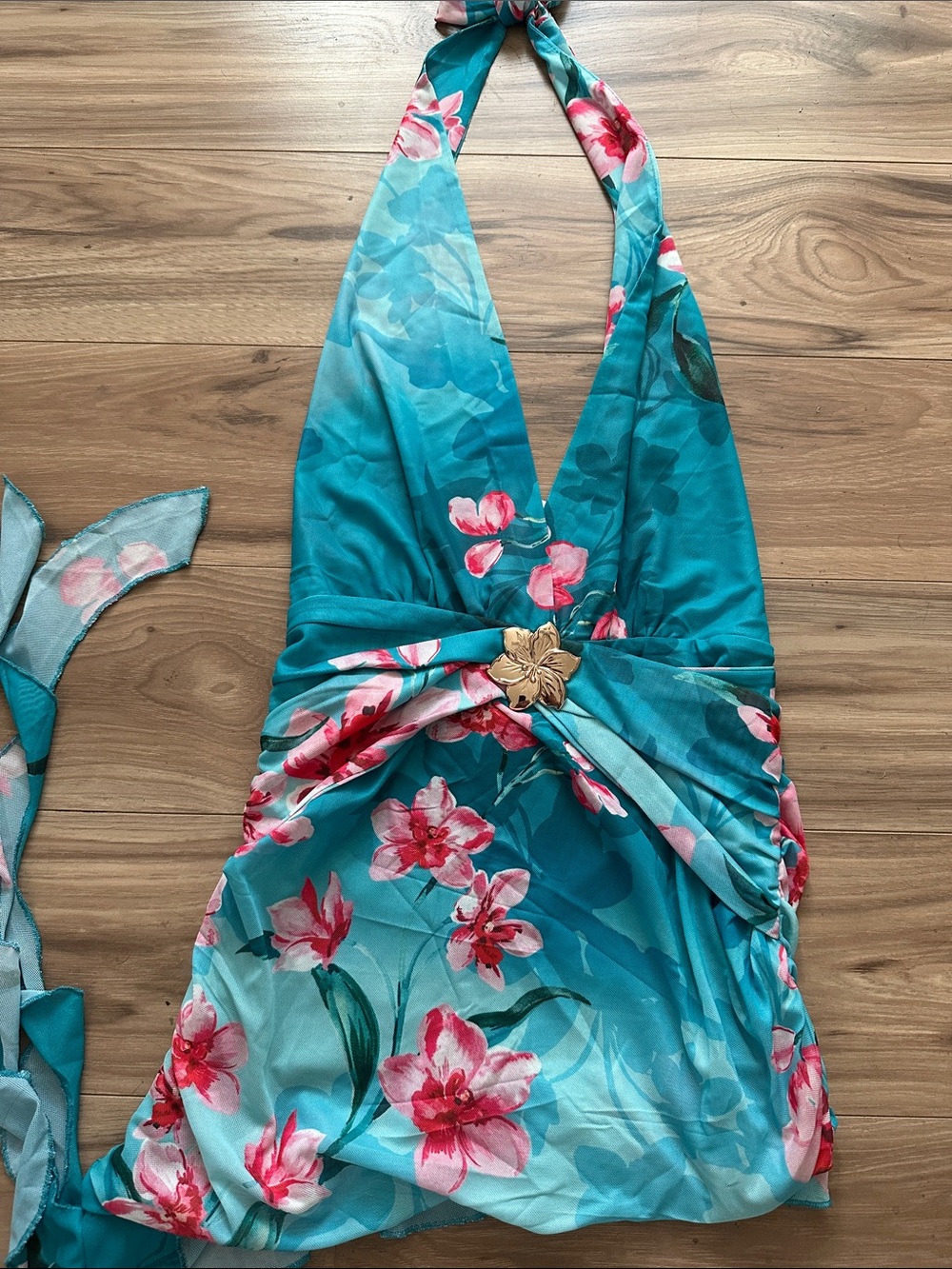 Peppermayo Teal Halter Mini Dress with Pink Floral Print - Picture 5 of 5